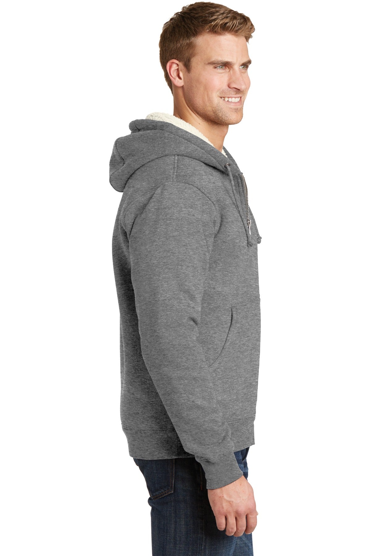 Grey CornerStone Heavyweight Sherpa-Lined Hooded Fleece Jacket. CS625