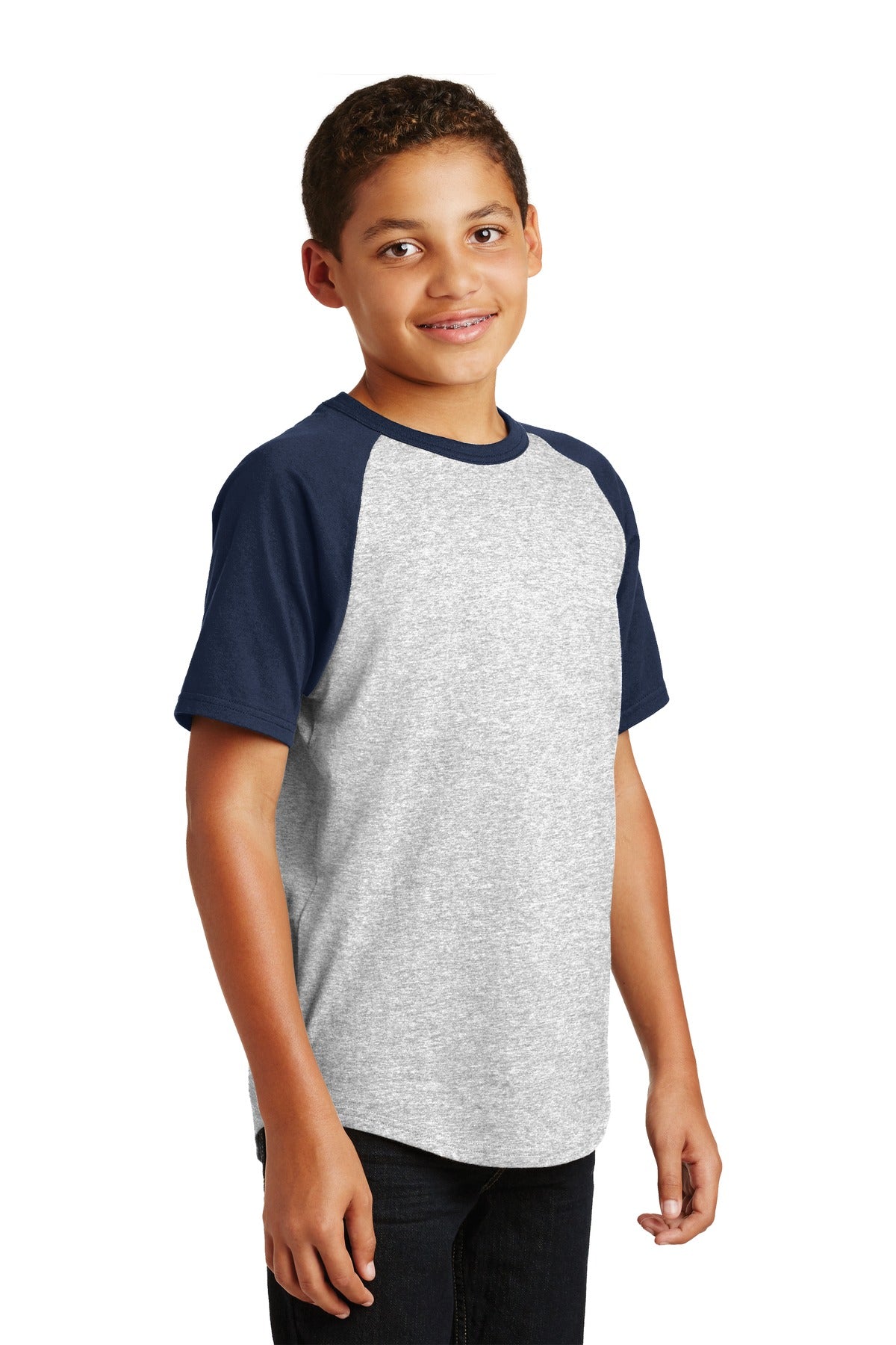 Grey He/Navy Sport-Tek Youth Short Sleeve Colorblock Raglan Jersey. YT201