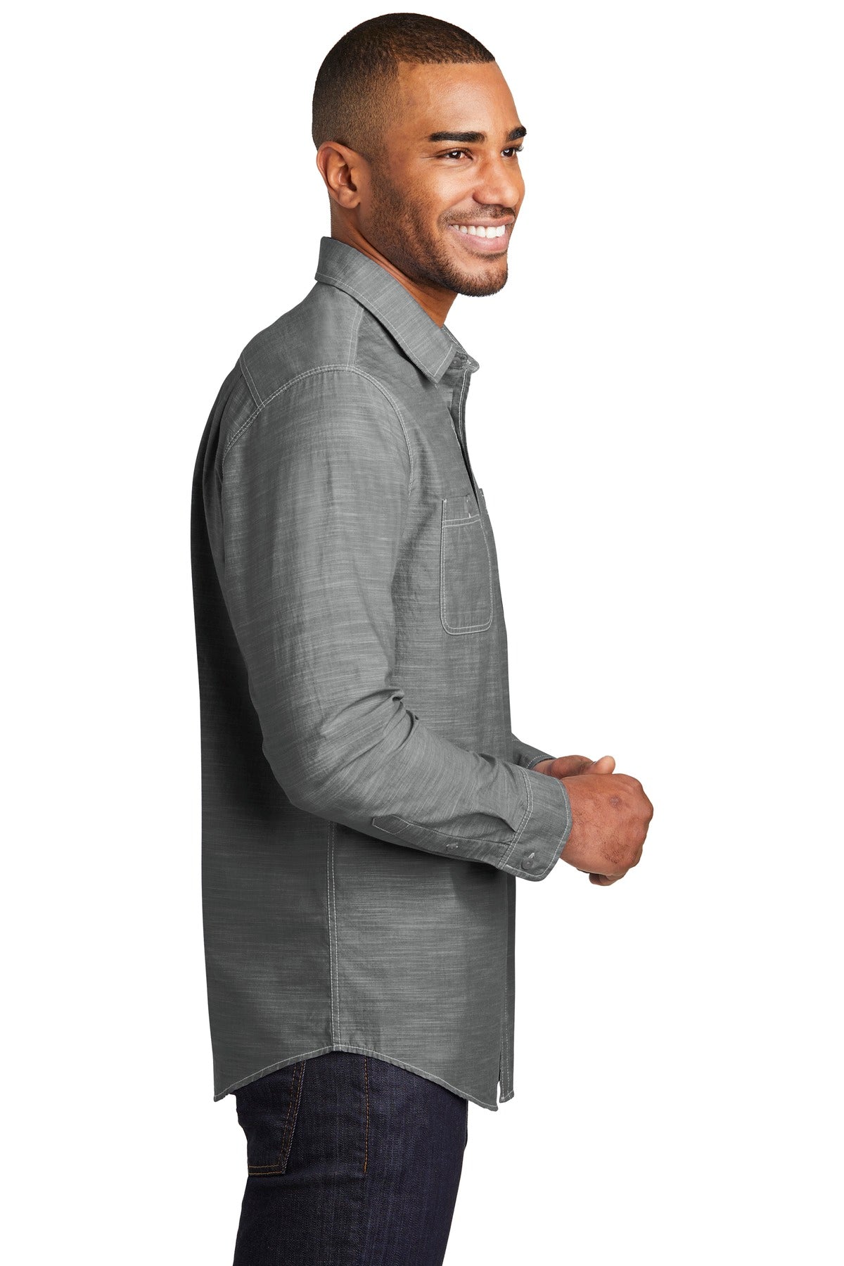 Grey Port Authority Slub Chambray Shirt. W380