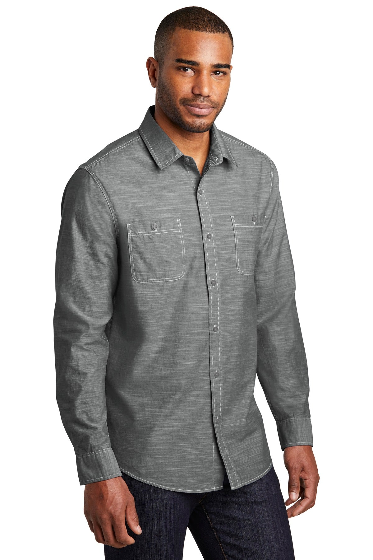 Grey Port Authority Slub Chambray Shirt. W380