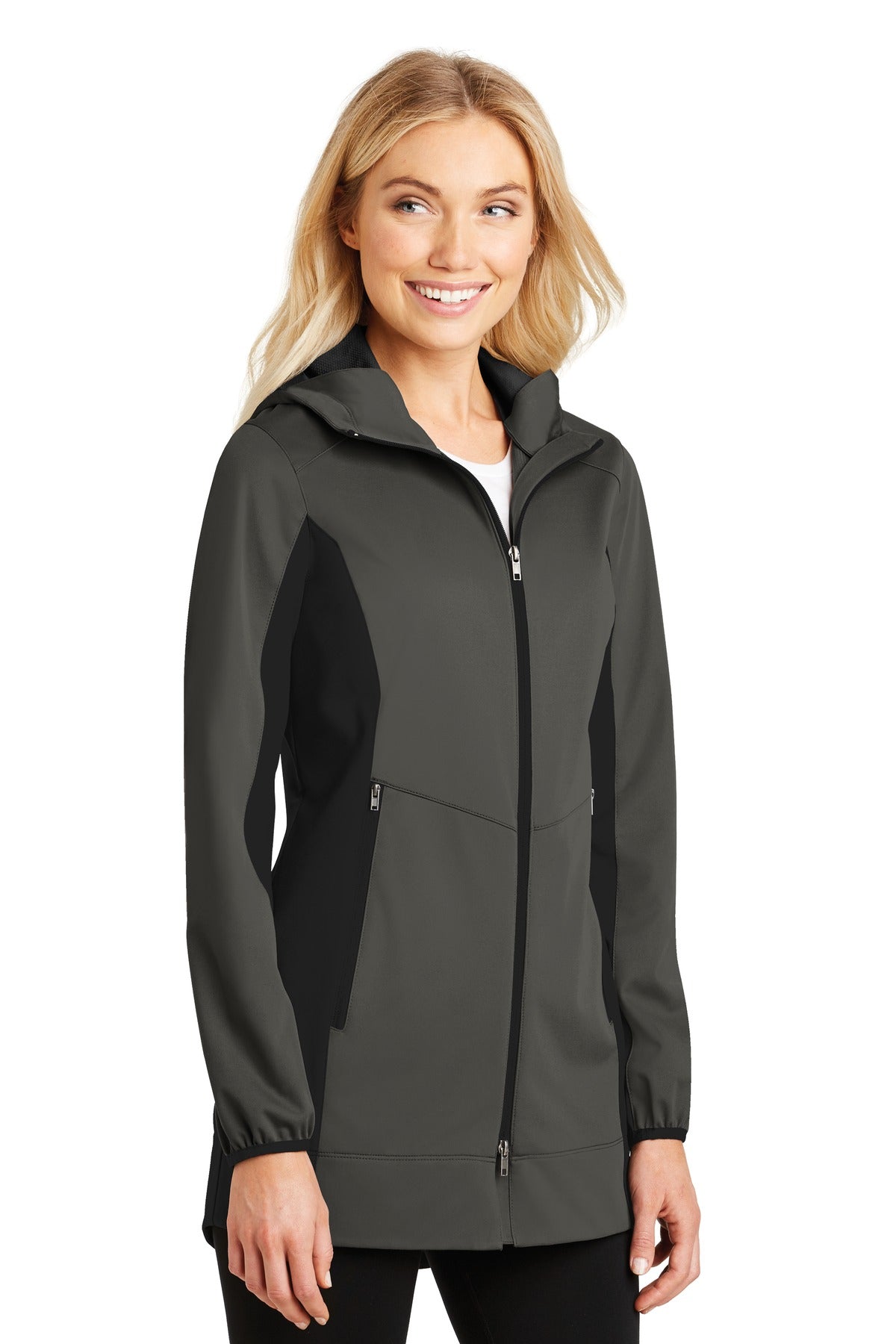 Grey Stl/Dp Bk Port Authority Women's Active Hooded Soft Shell Jacket. L719