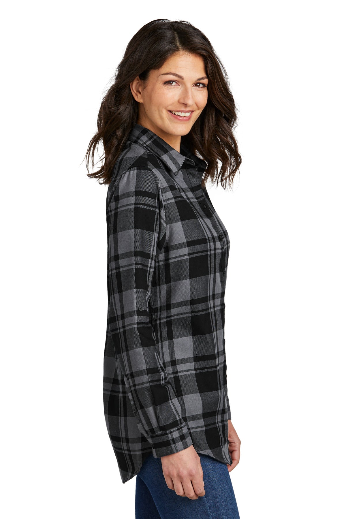 Grey/Black Port Authority Women's Plaid Flannel Tunic . LW668