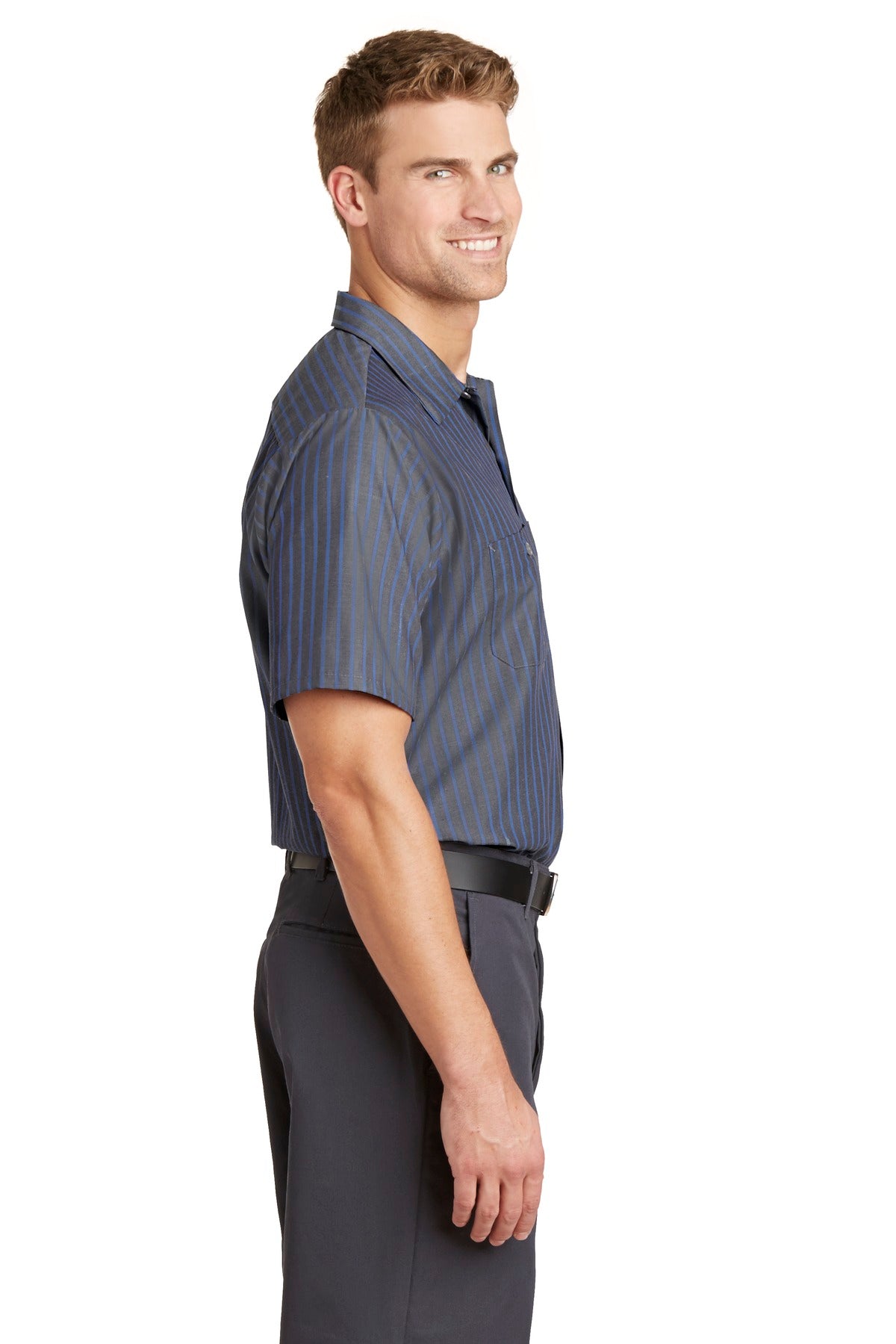 Grey/Blue Red Kap Short Sleeve Striped Industrial Work Shirt. CS20