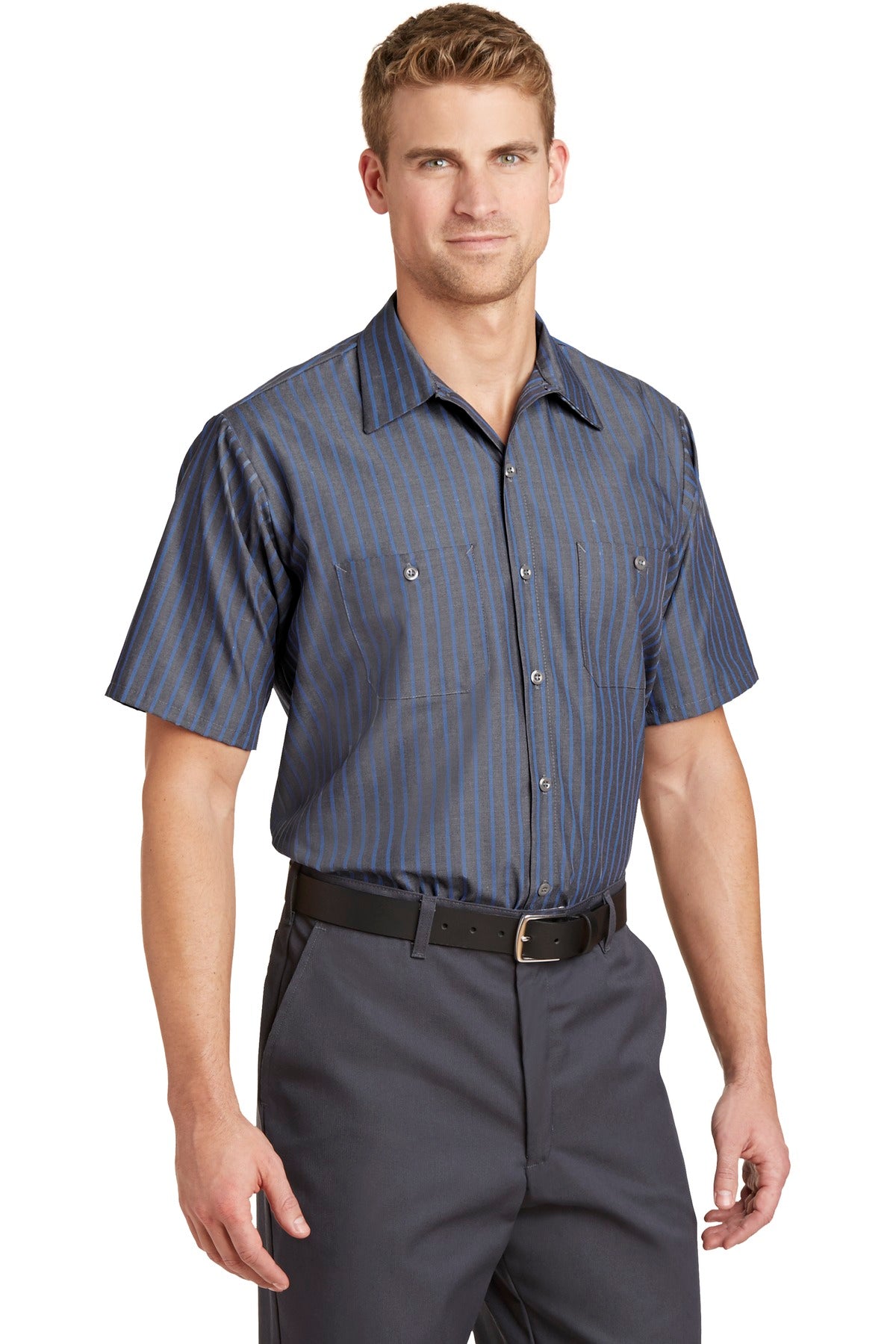 Grey/Blue Red Kap Short Sleeve Striped Industrial Work Shirt. CS20