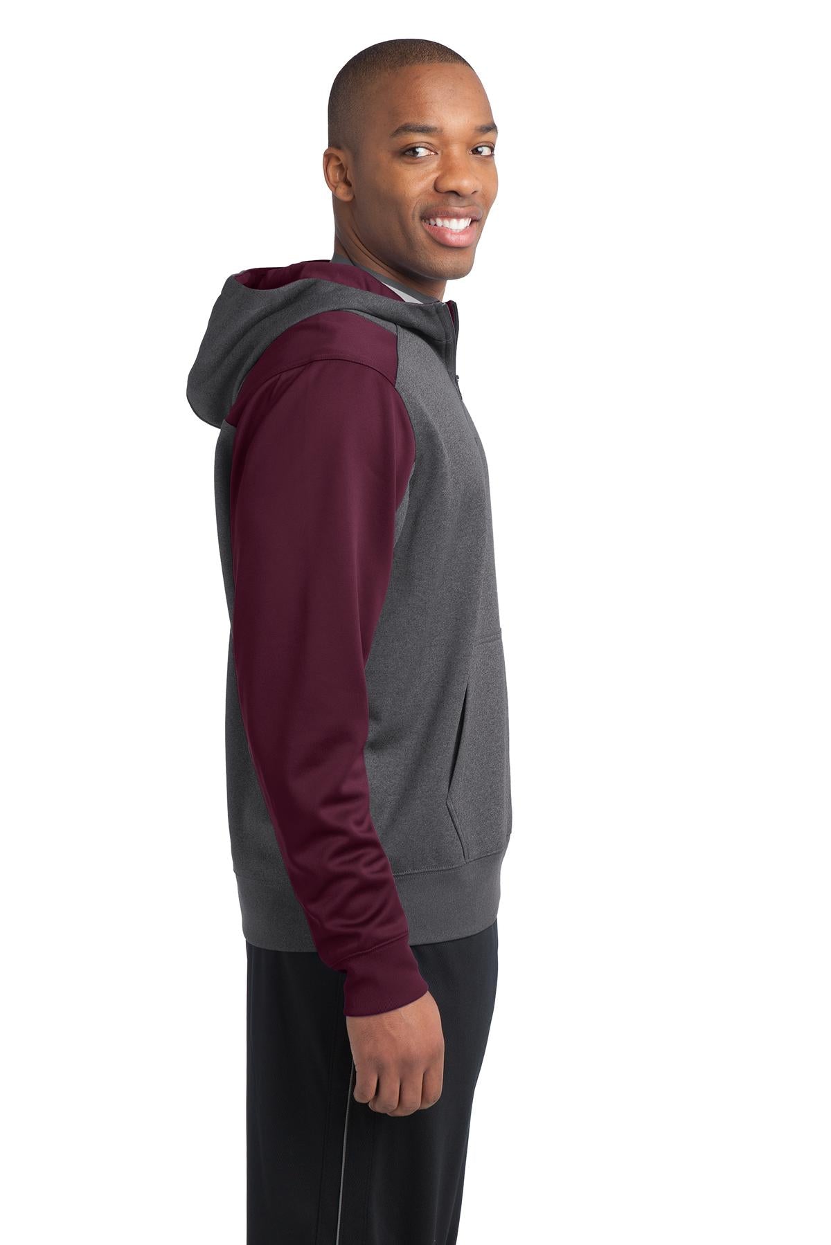 Grph Hea/Mroon Sport-Tek Tech Fleece Colorblock 1/4-Zip Hooded Sweatshirt. ST249
