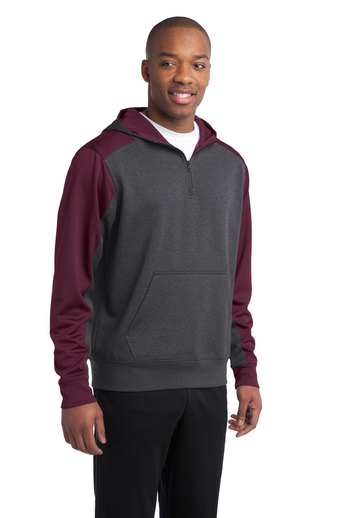 Grph Hea/Mroon Sport-Tek Tech Fleece Colorblock 1/4-Zip Hooded Sweatshirt. ST249