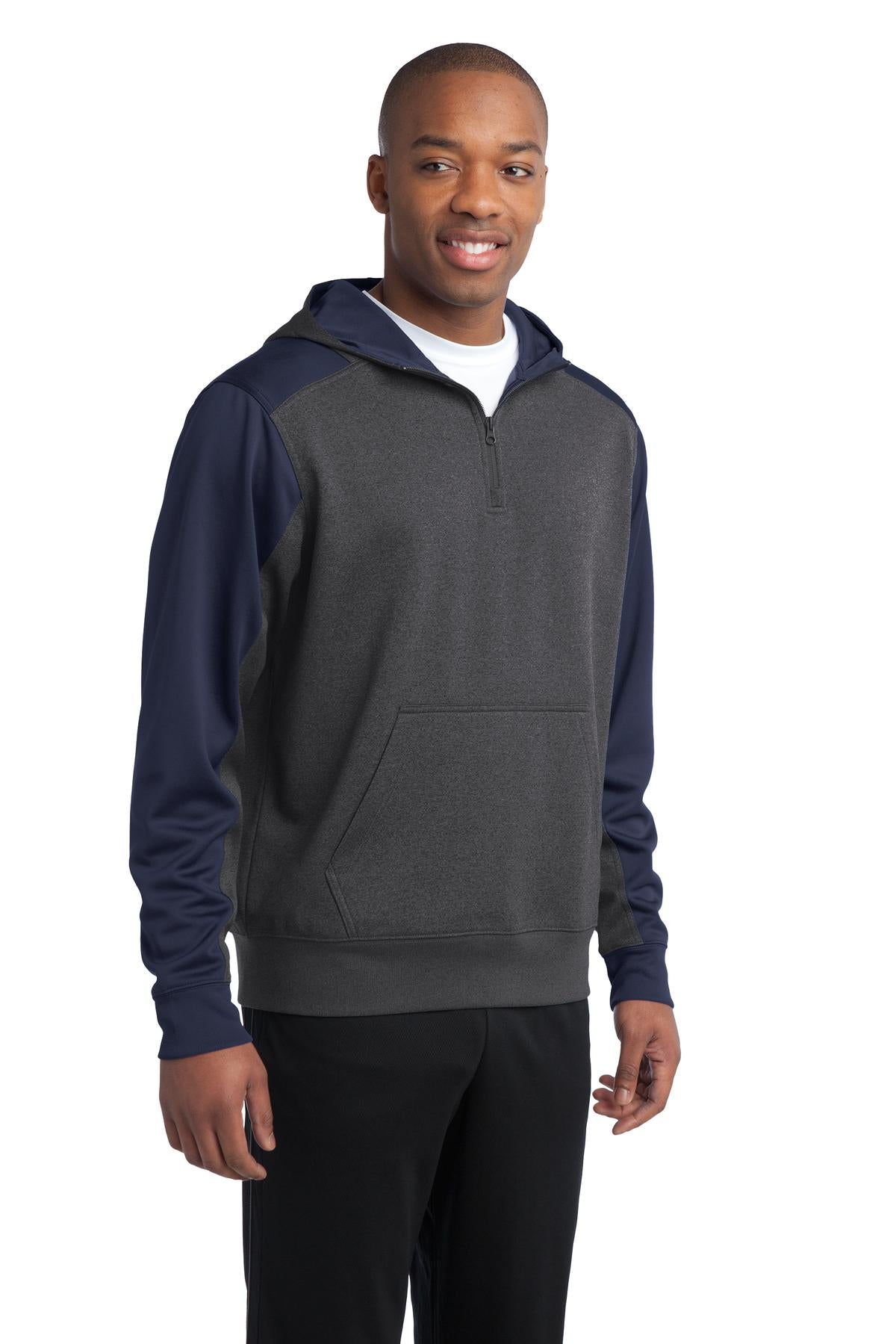 Grph Hea/TrNvy Sport-Tek Tech Fleece Colorblock 1/4-Zip Hooded Sweatshirt. ST249