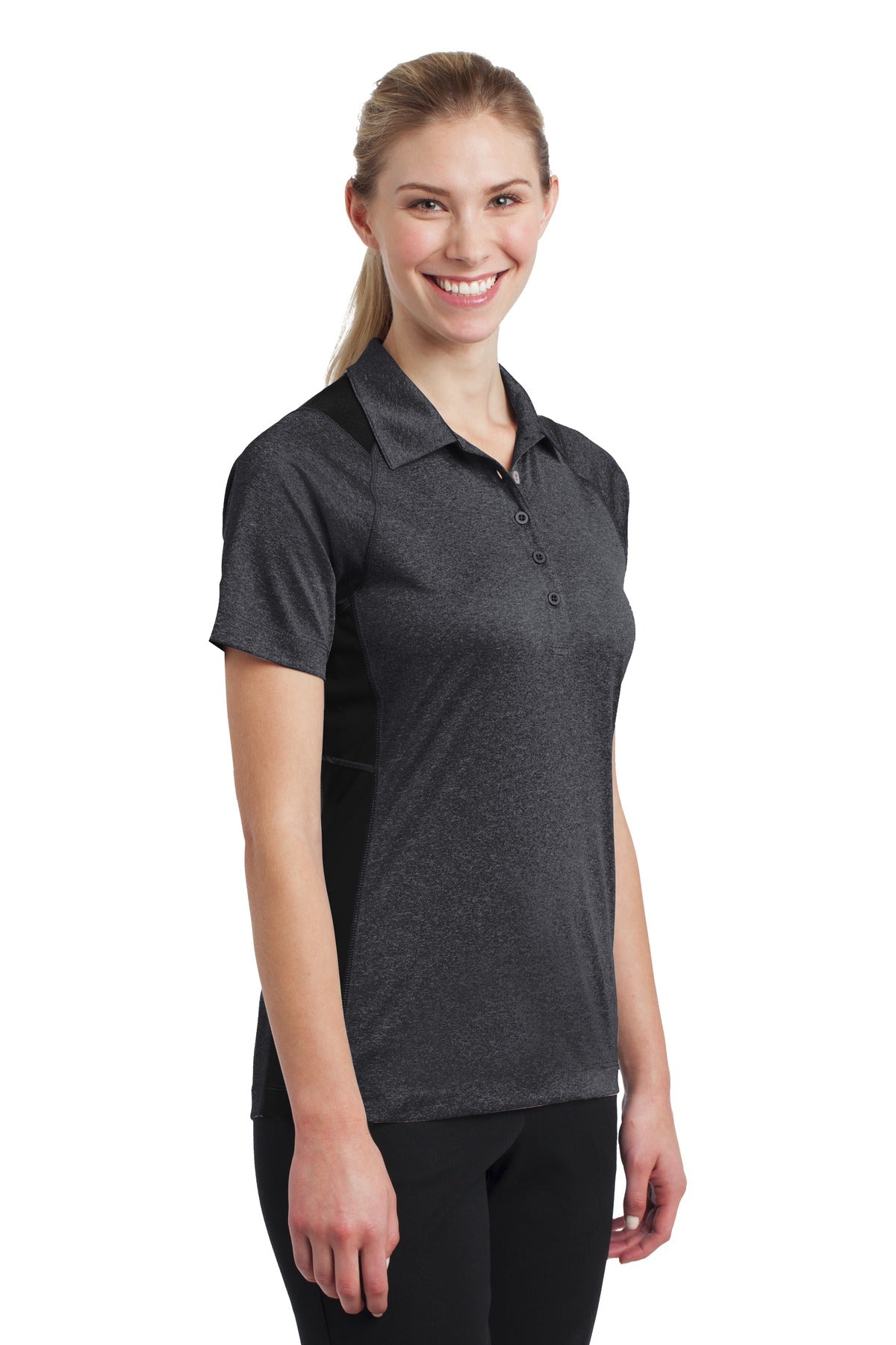 Grph He/Black Sport-Tek Women's Heather Colorblock Contender Polo. LST665