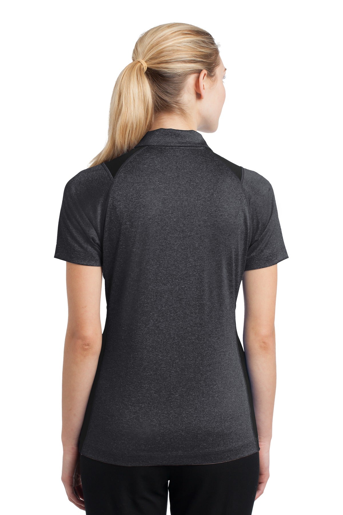 Grph He/Black Sport-Tek Women's Heather Colorblock Contender Polo. LST665