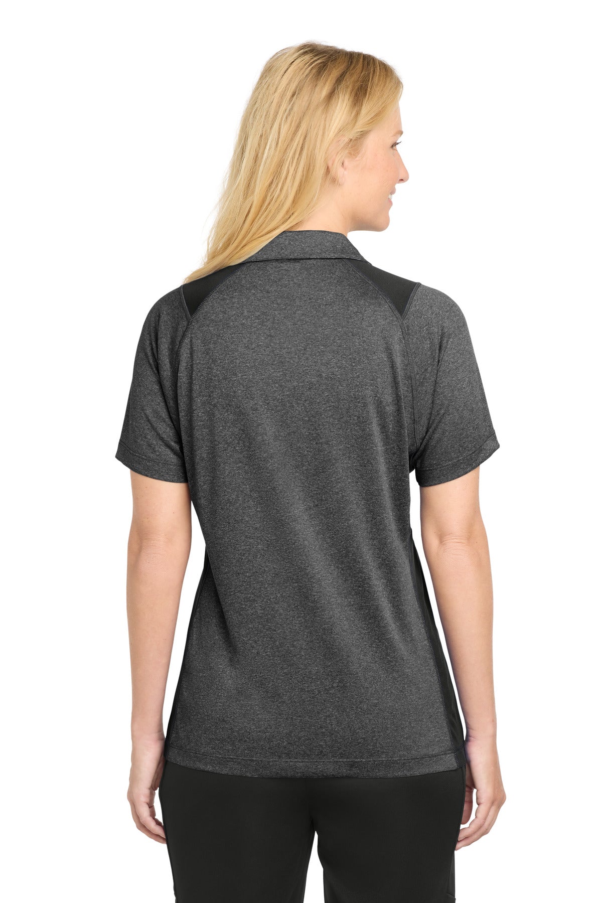 Grph He/Black Sport-Tek Women's Heather Colorblock Contender Polo. LST665