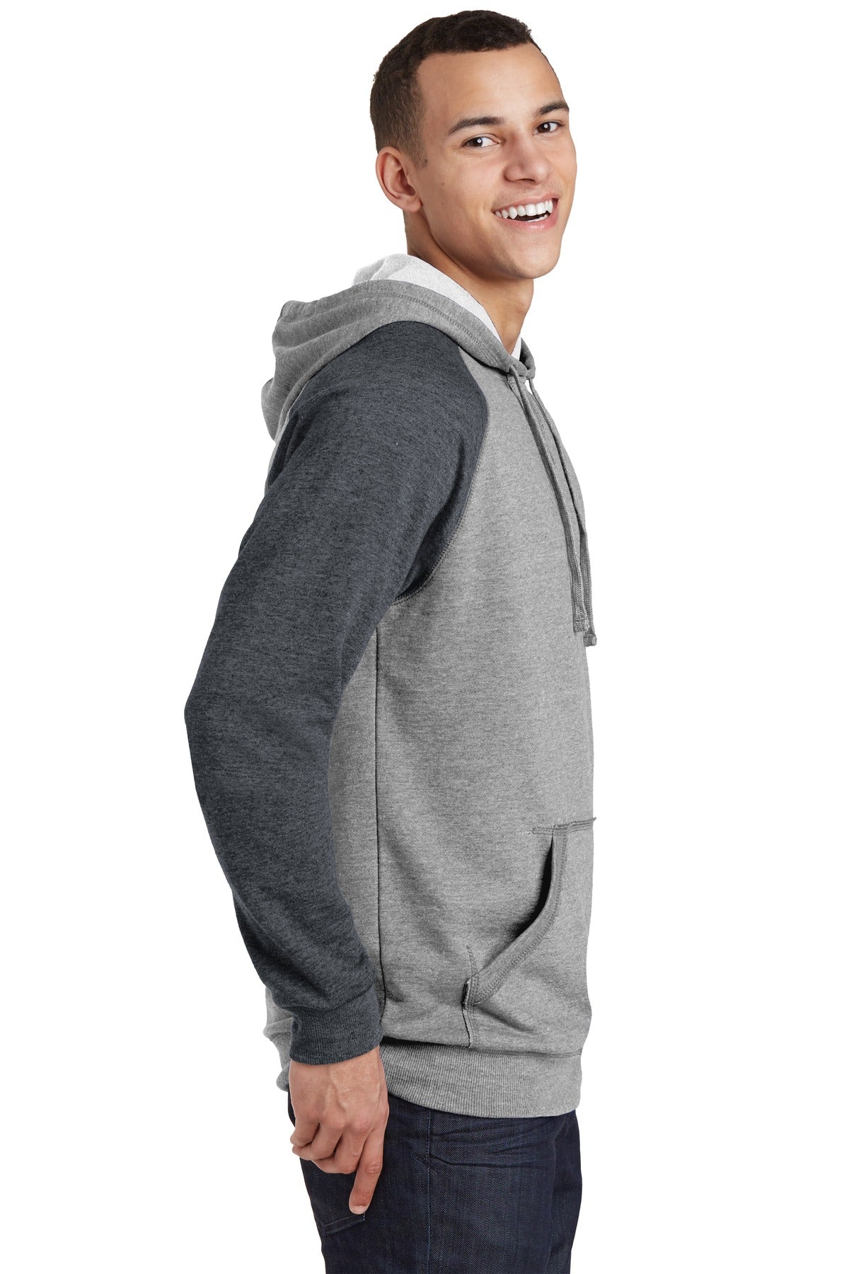 H Gry/H Char District Young Mens Lightweight Fleece Raglan Hoodie. DT196