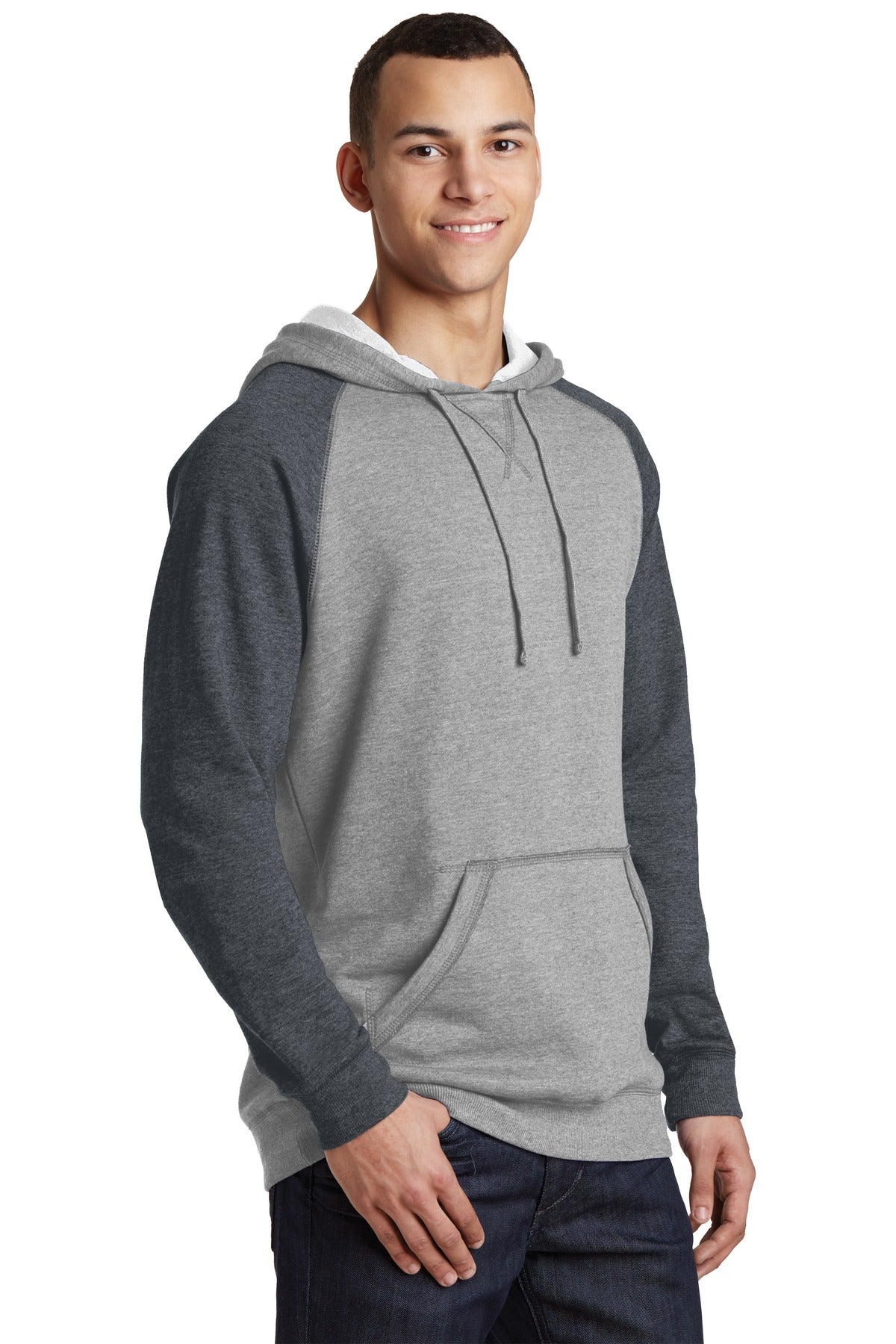 H Gry/H Char District Young Mens Lightweight Fleece Raglan Hoodie. DT196