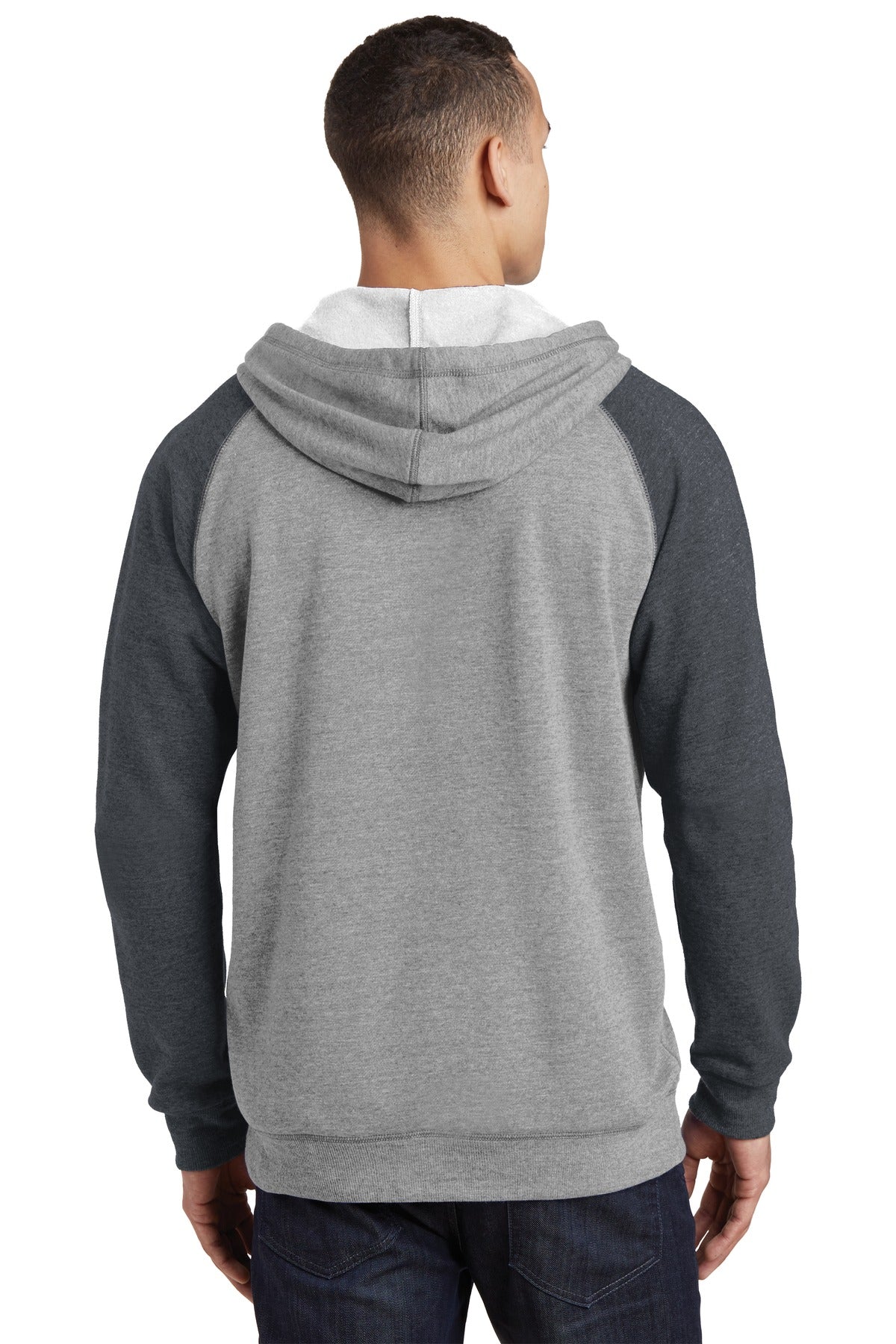H Gry/H Char District Young Mens Lightweight Fleece Raglan Hoodie. DT196