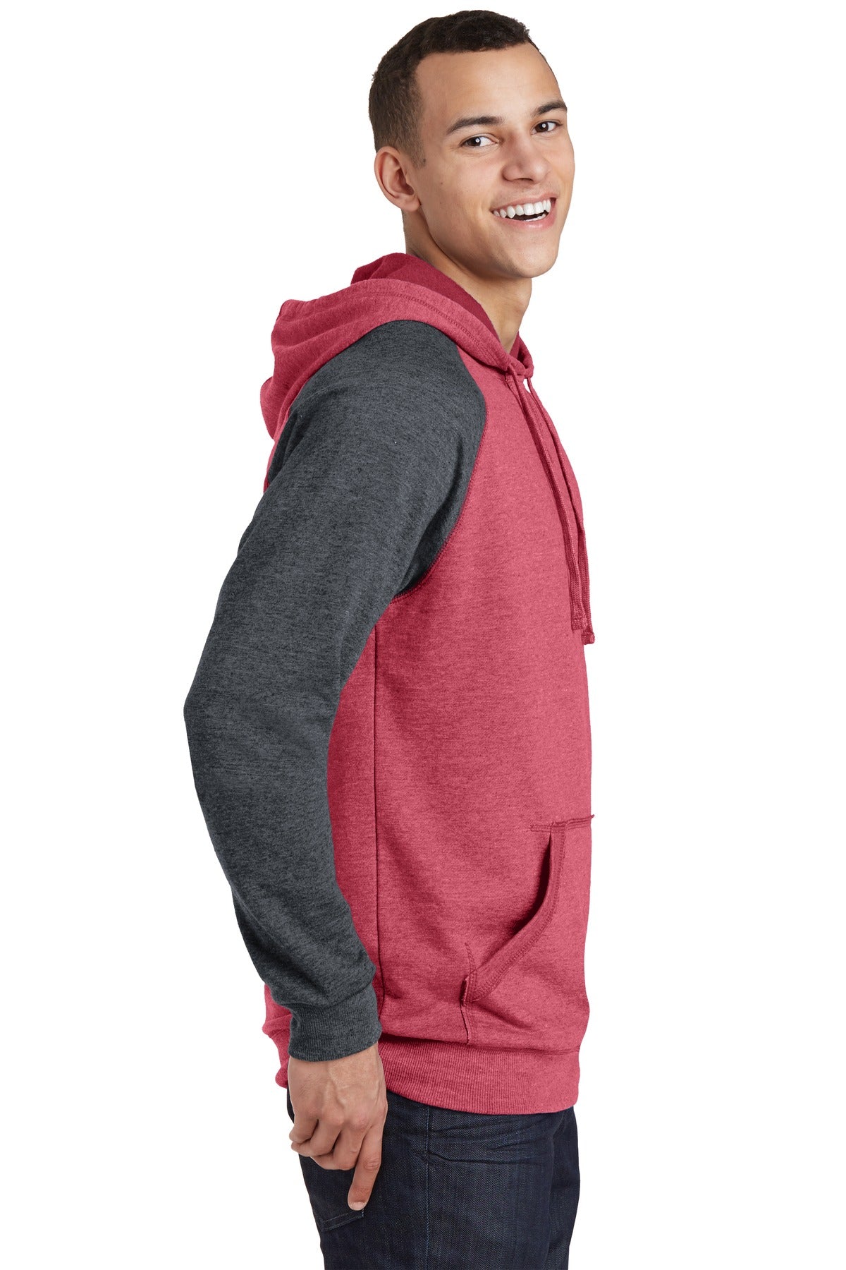 H Red/H Char District Young Mens Lightweight Fleece Raglan Hoodie. DT196