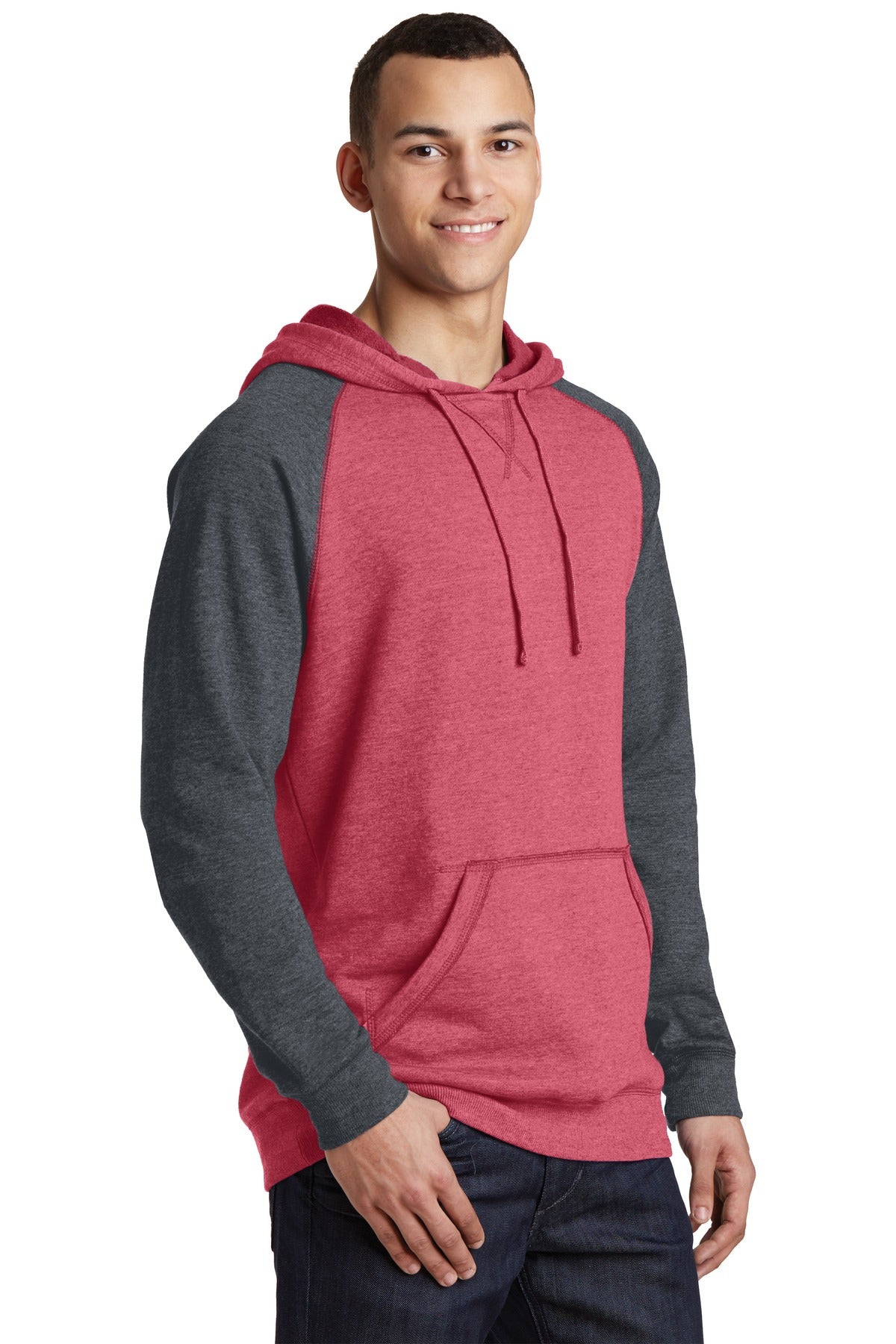 H Red/H Char District Young Mens Lightweight Fleece Raglan Hoodie. DT196