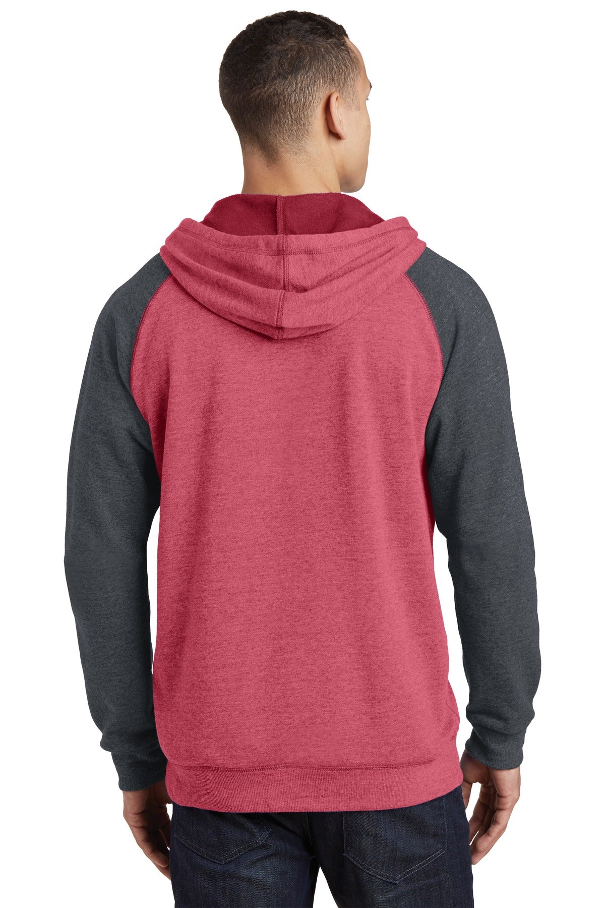 H Red/H Char District Young Mens Lightweight Fleece Raglan Hoodie. DT196