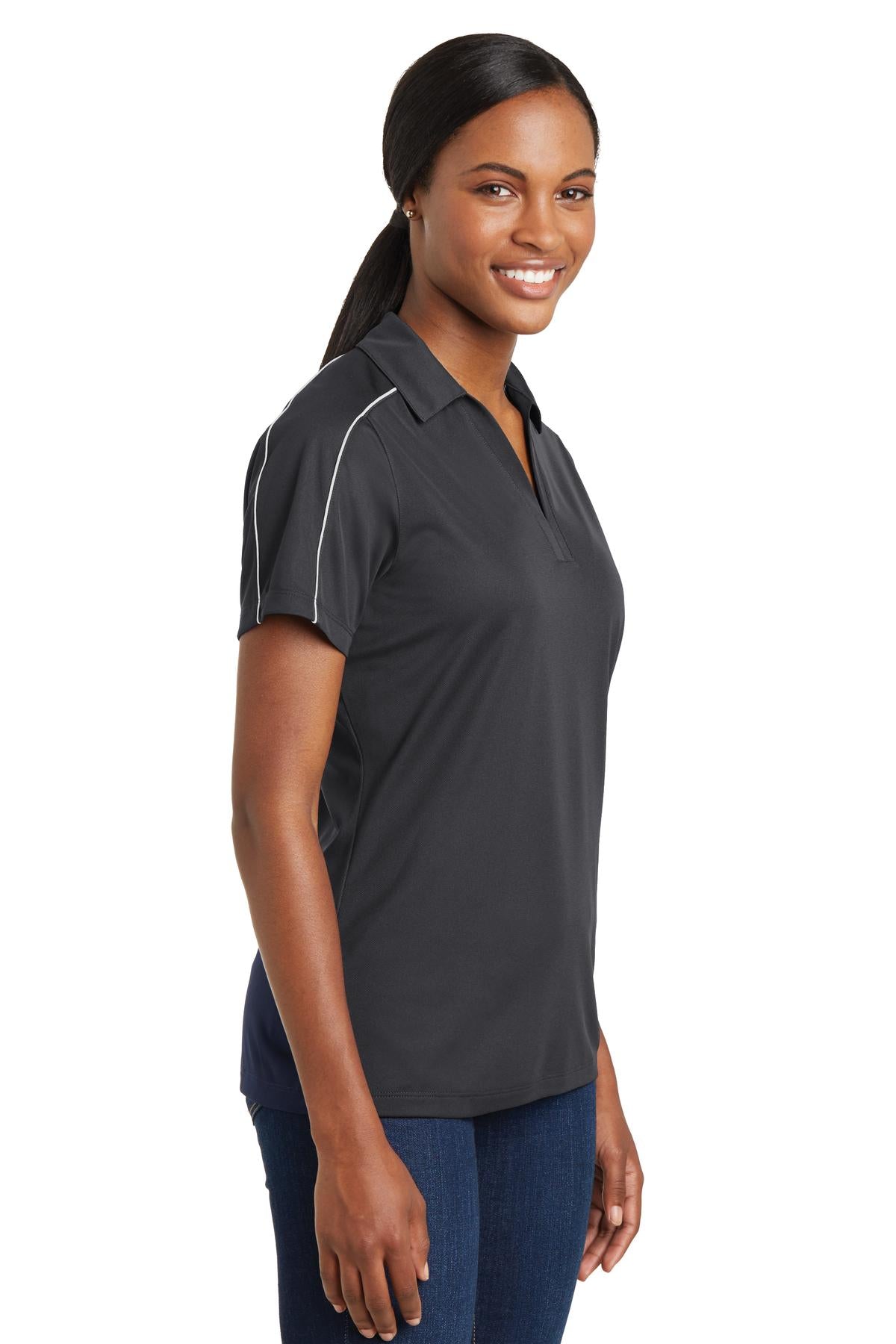 Iron Grey/Wht Sport-Tek Women's Micropique Sport-Wick Piped Polo. LST653