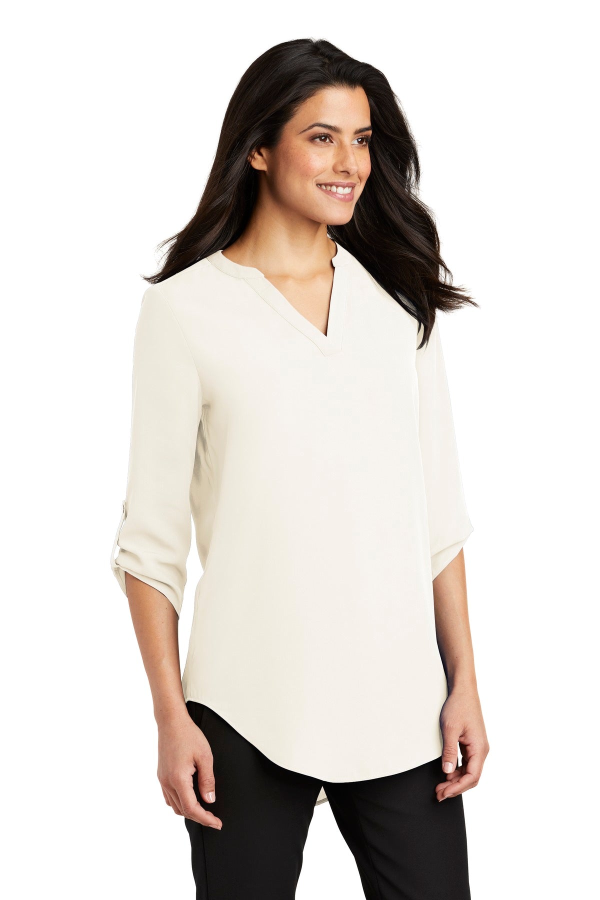 Ivory Chiffon Port Authority Women's 3/4-Sleeve Tunic Blouse. LW701