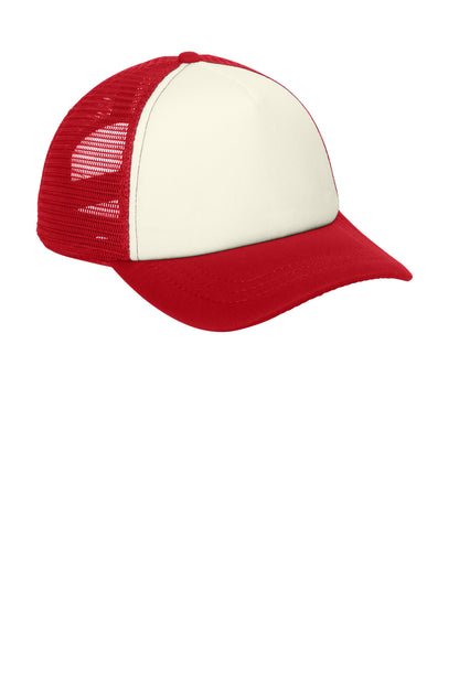 Ivory/Red Port Authority 5-Panel Twill Foam Trucker Cap. C936