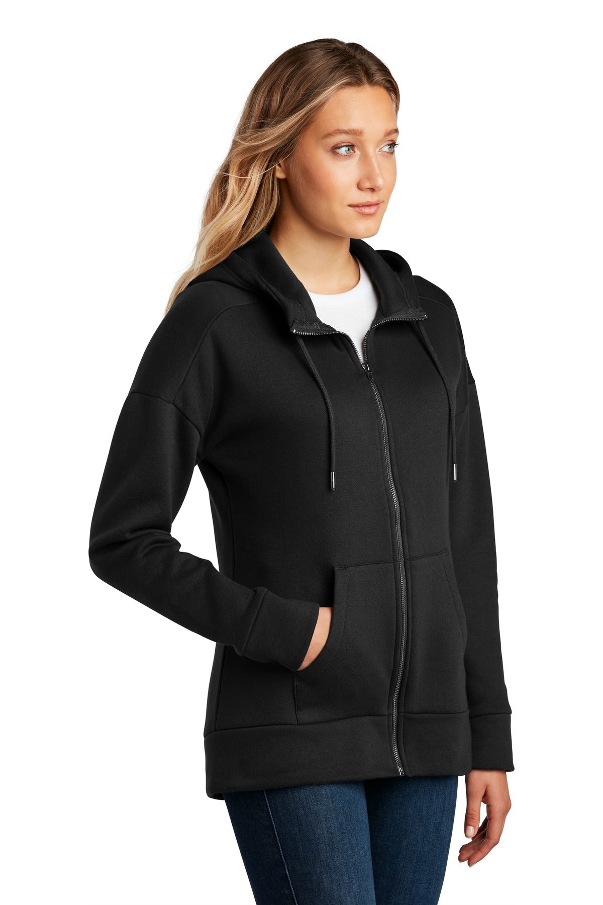 Jet Black District Women's Perfect Weight Fleece Drop Shoulder Full-Zip Hoodie DT1104