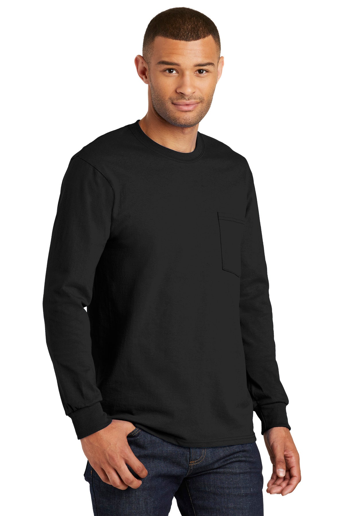 Jet Black Port & Company Tall Long Sleeve Essential Pocket Tee. PC61LSPT