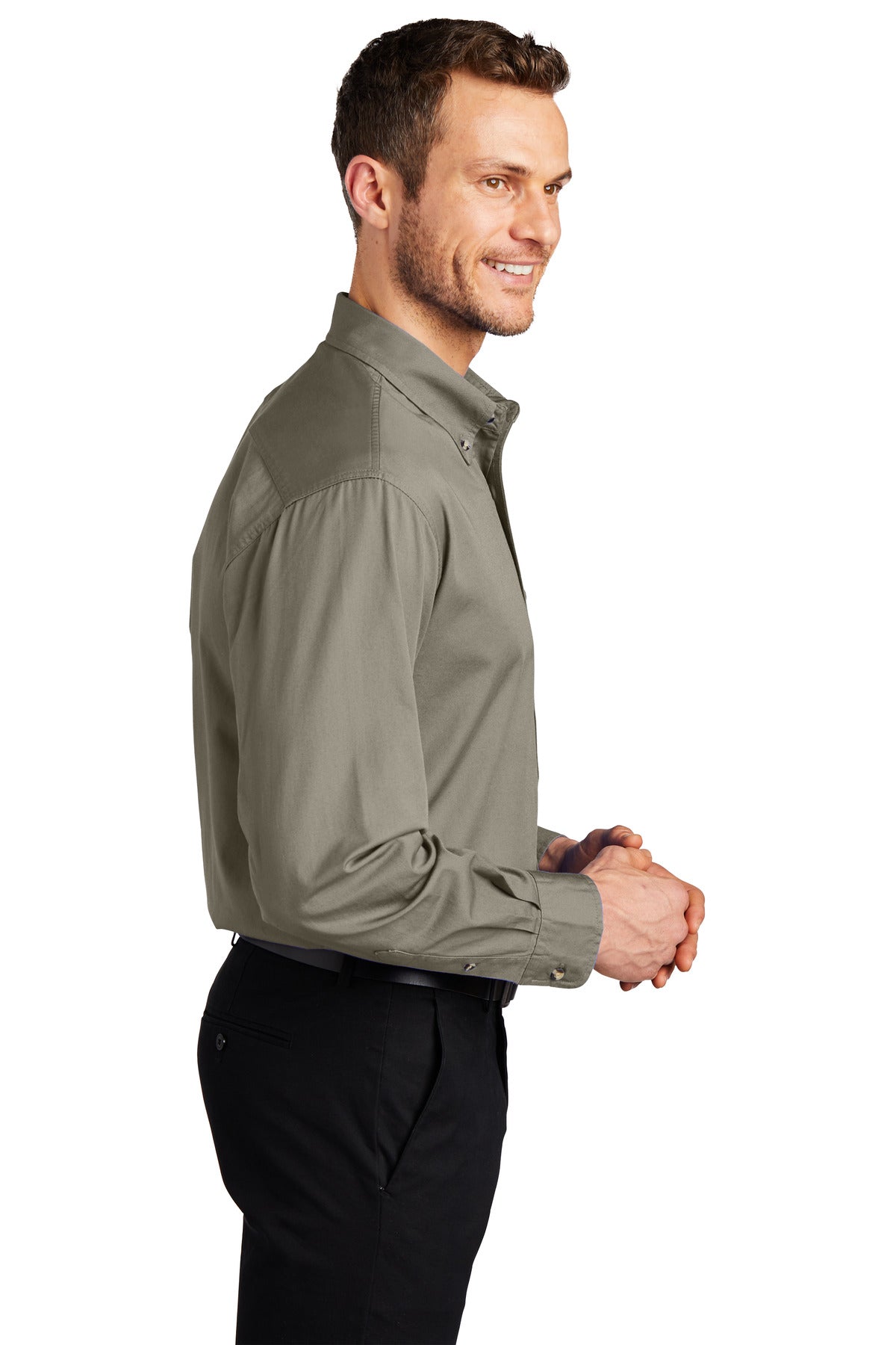 Khaki Port Authority Tall Long Sleeve Twill Shirt. TLS600T