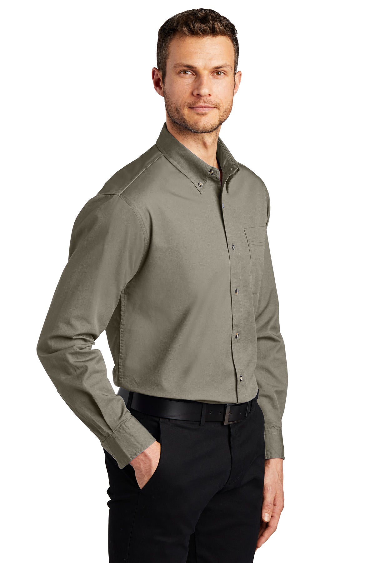 Khaki Port Authority Tall Long Sleeve Twill Shirt. TLS600T