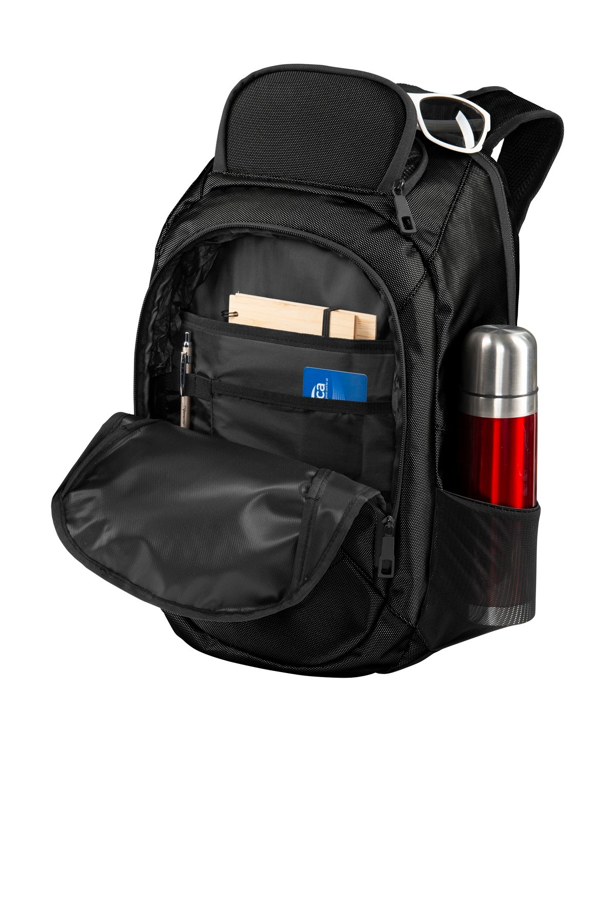 Left View of Black Port Authority Form Backpack. BG212