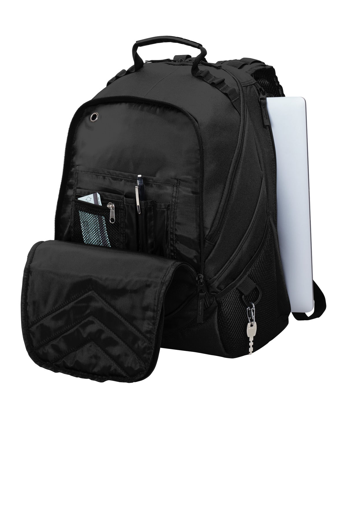 Left View of Black Port Authority Xcape Computer Backpack. BG100