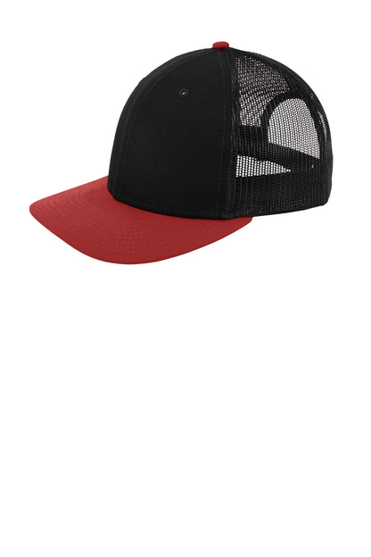Left View of Black/Scarlet New Era Snapback Low Profile Trucker Cap NE207