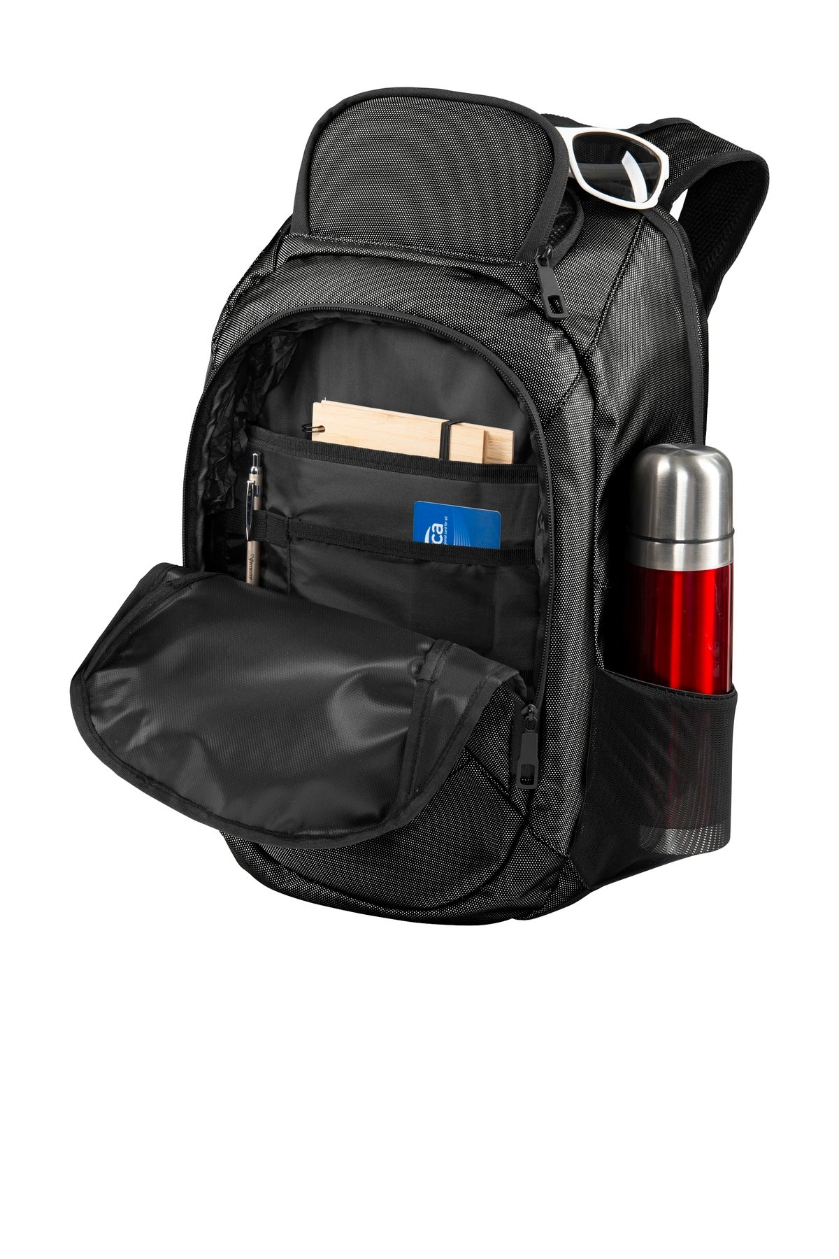 Left View of Dark Grey/Blk Port Authority Form Backpack. BG212