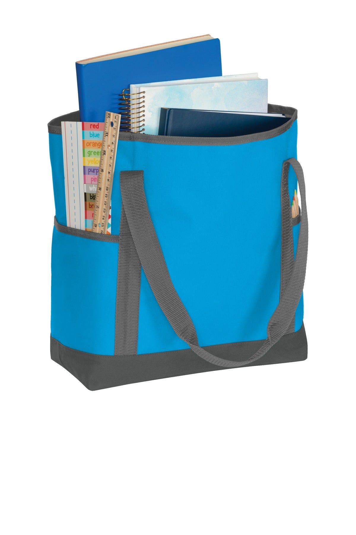 Left View of Deep Aqu/Dk Ch Port Authority On-The-Go Tote. BG411