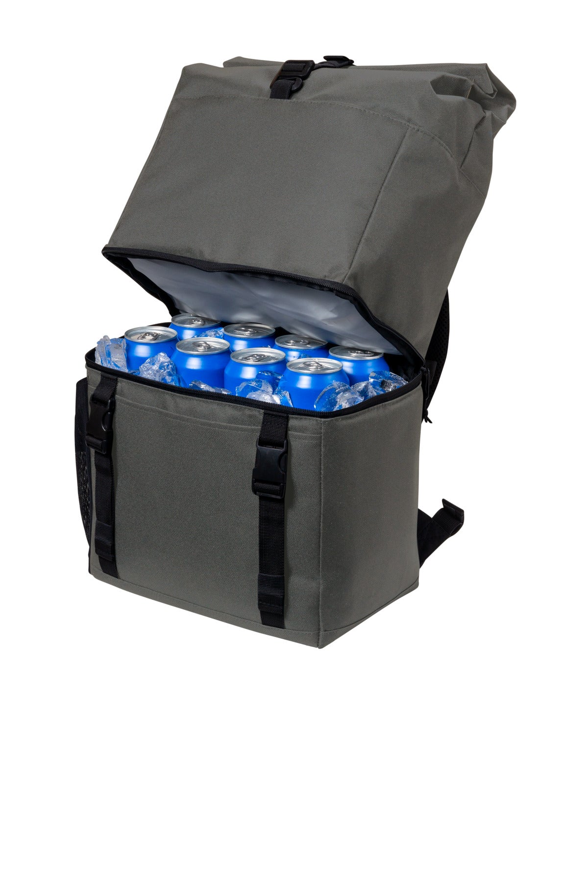 Left View of DkChar/Blk Port Authority 18-Can Backpack Cooler BG501