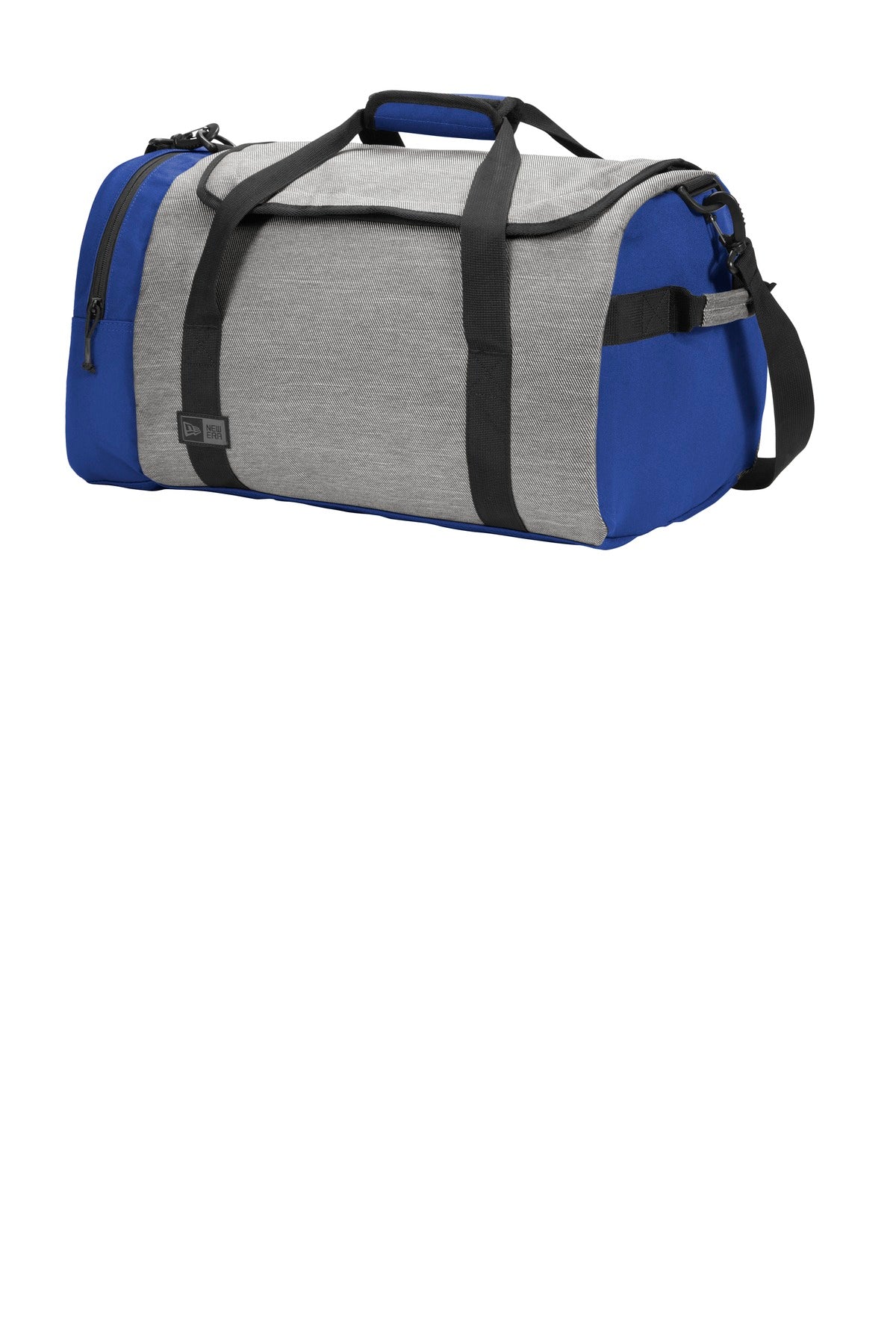 Left View of Grey Tw He/Roy New Era Legacy Duffel. NEB800