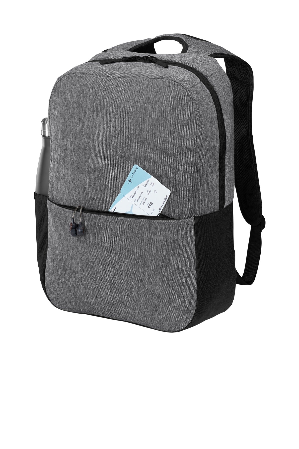 Left View of Heather Gry/Bk Port Authority Access Square Backpack. BG218