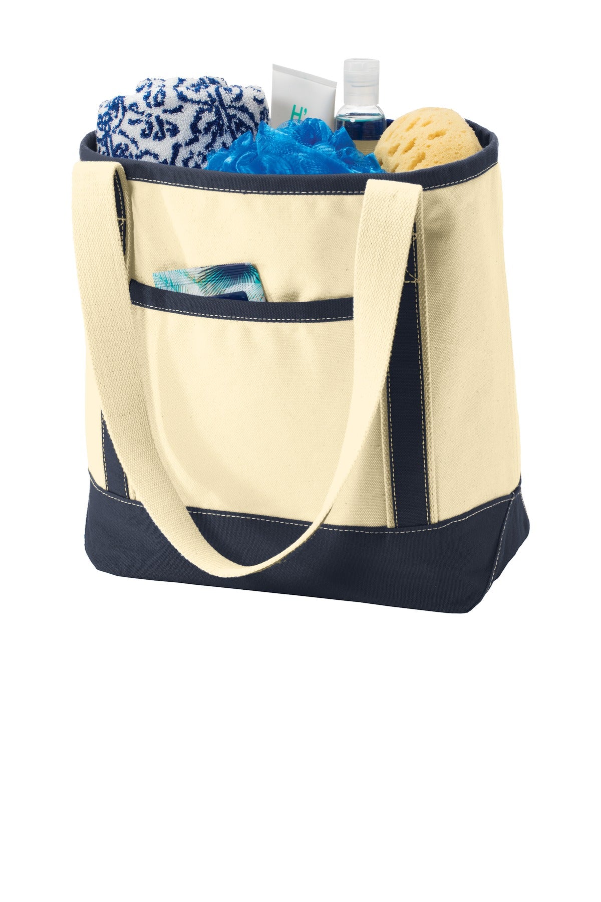 Left View of Nat/Navy Port Authority Medium Cotton Canvas Tote. BG412