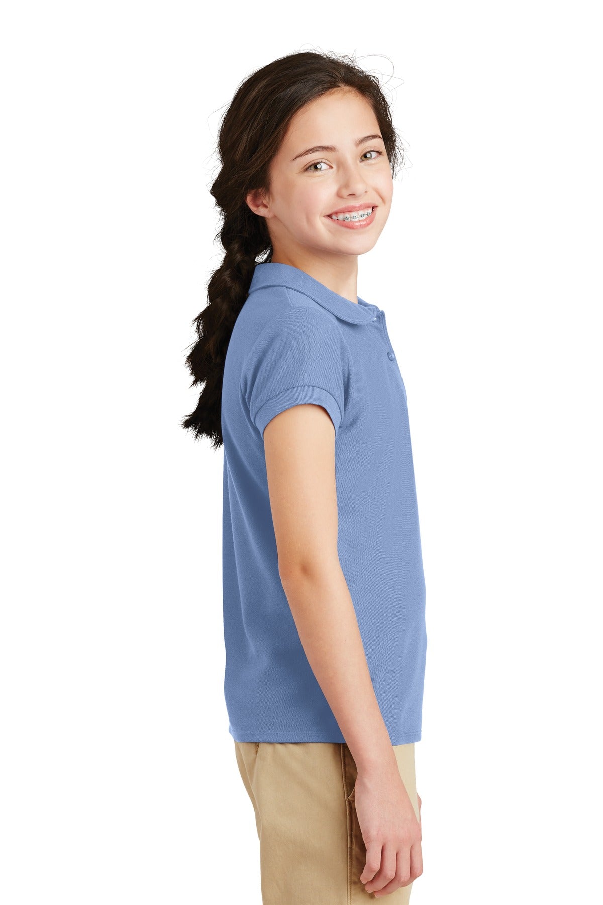 Light Blue Port Authority Girls Silk Touch Peter Pan Collar Polo. YG503