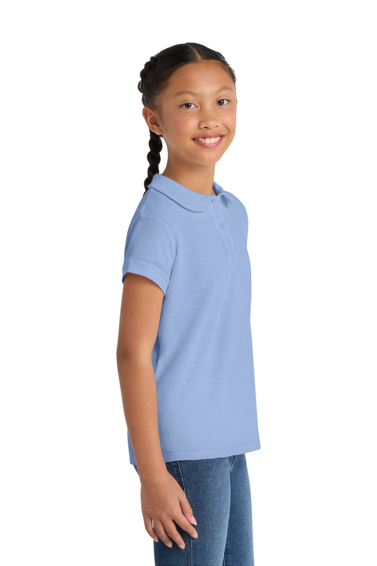 Light Blue Port Authority Girls Silk Touch Peter Pan Collar Polo. YG503