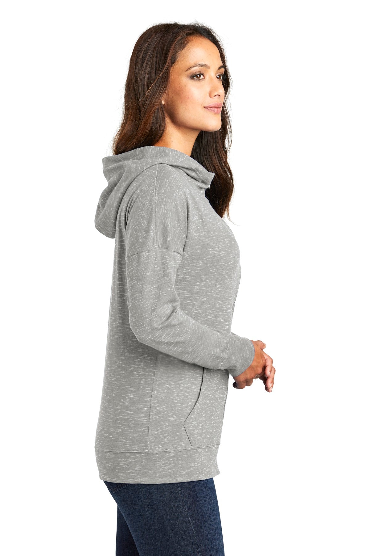 Light Grey District Women's Medal Full-Zip Hoodie. DT665