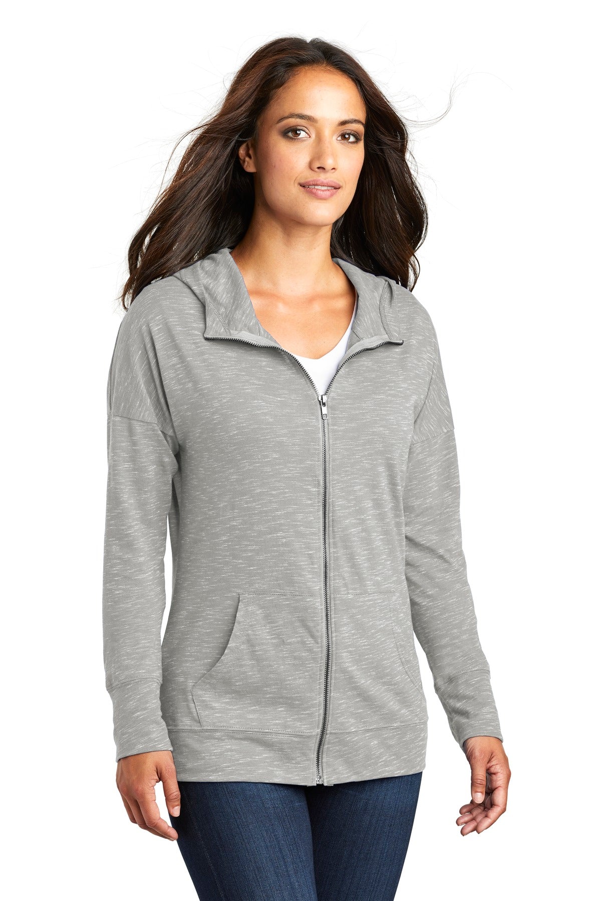 Light Grey District Women's Medal Full-Zip Hoodie. DT665