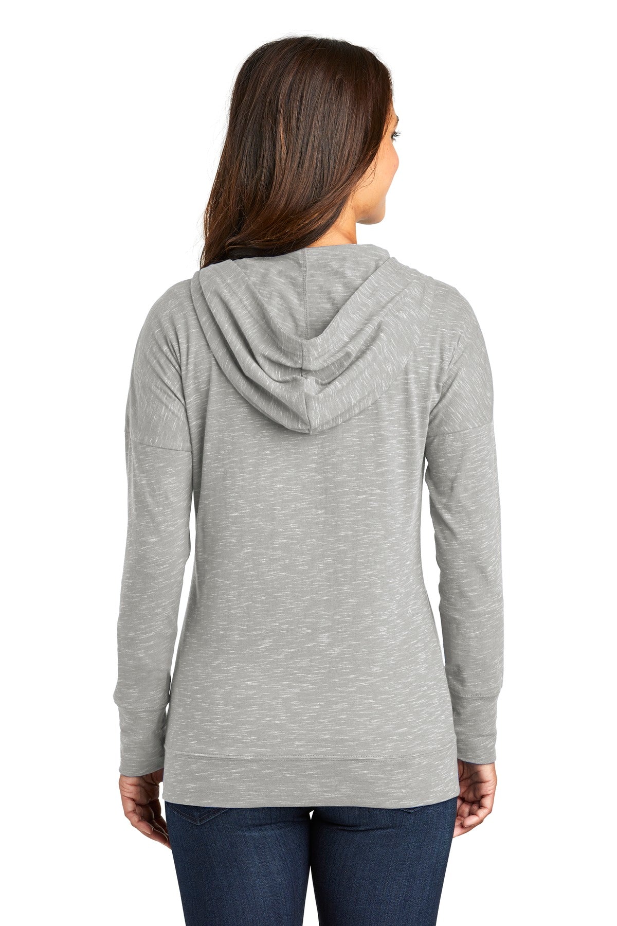 Light Grey District Women's Medal Full-Zip Hoodie. DT665