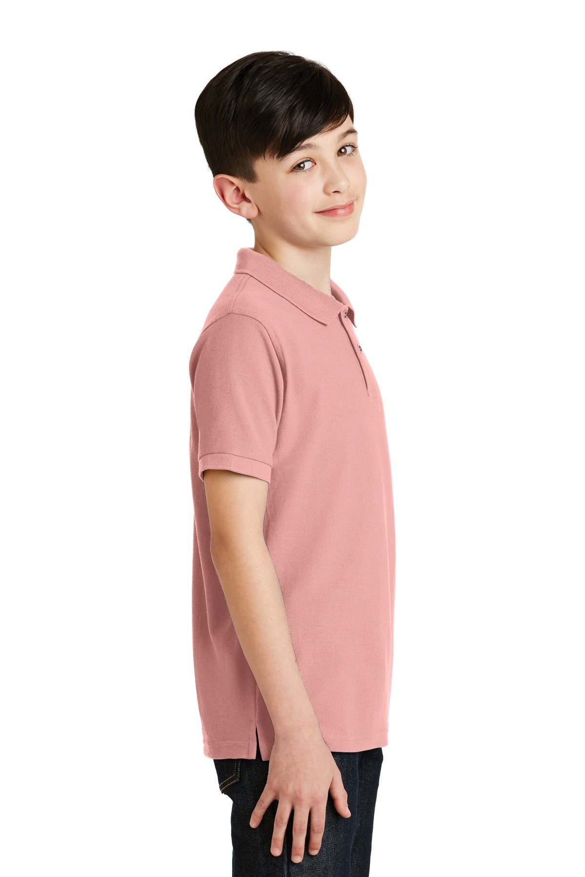 Light Pink Port Authority Youth Silk Touch Polo. Y500