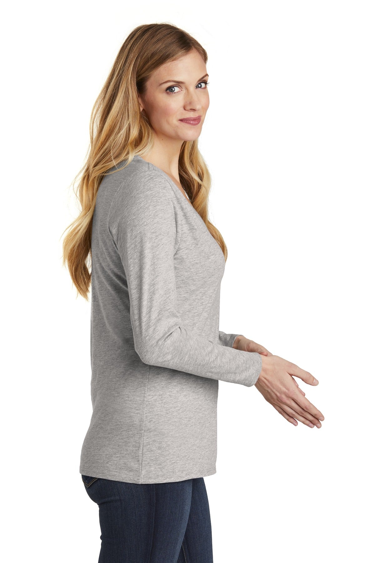 Lt Hthr Grey District Women's Very Important Tee Long Sleeve V-Neck. DT6201