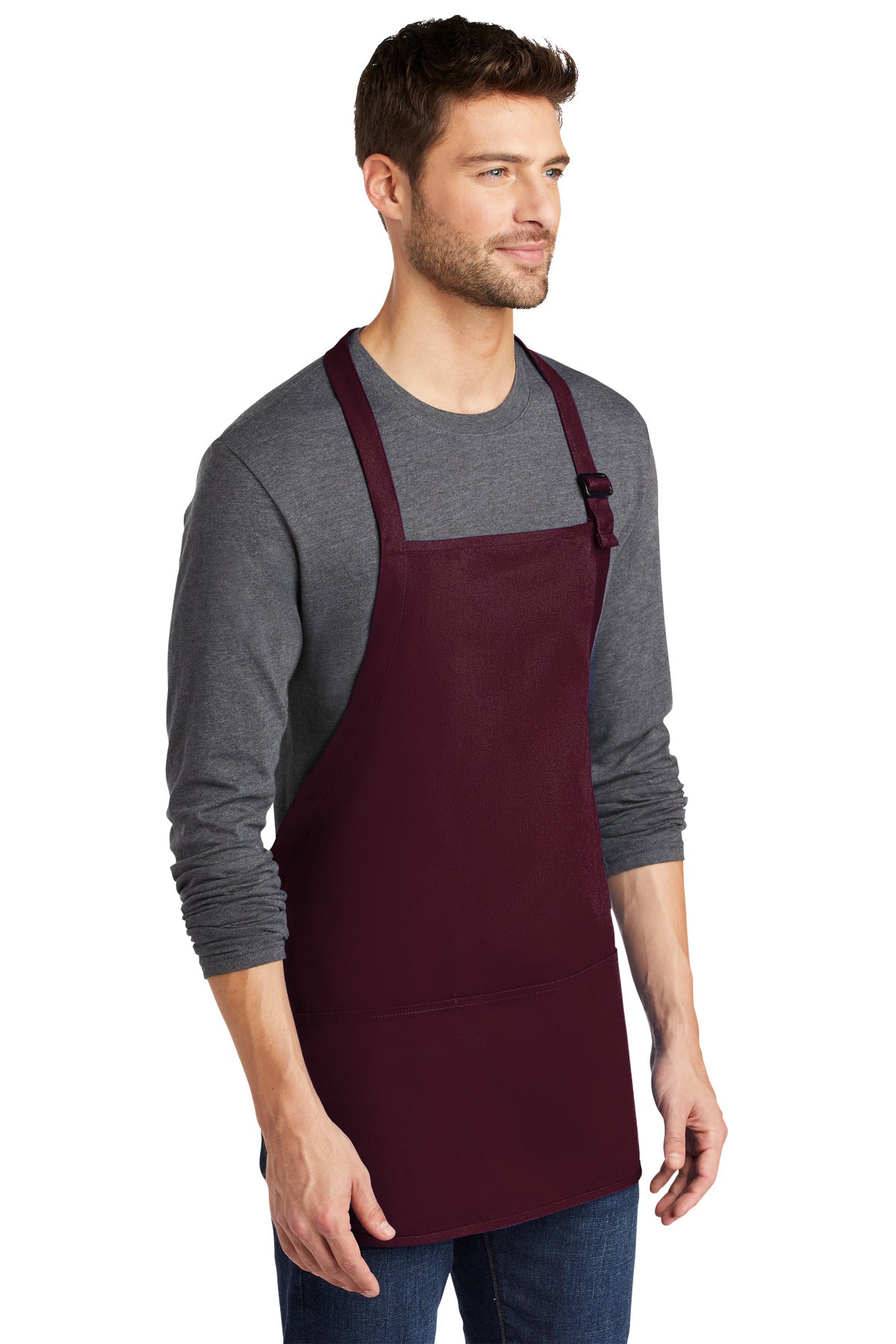 Maroon Port Authority Medium-Length Apron with Pouch Pockets. A510