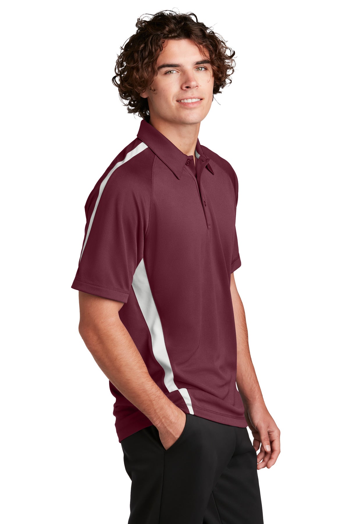 Maroon/White Sport-Tek PosiCharge Micro-Mesh Colorblock Polo. ST685
