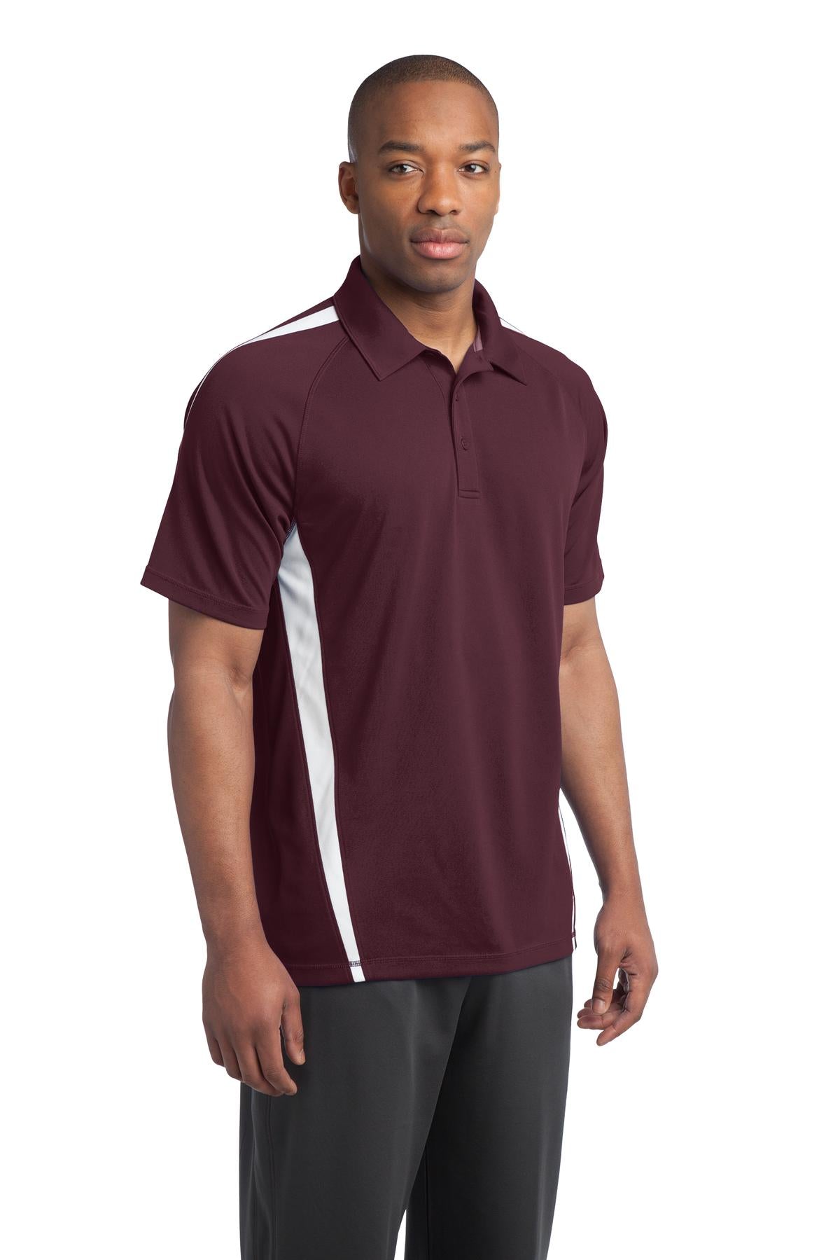 Maroon/White Sport-Tek PosiCharge Micro-Mesh Colorblock Polo. ST685