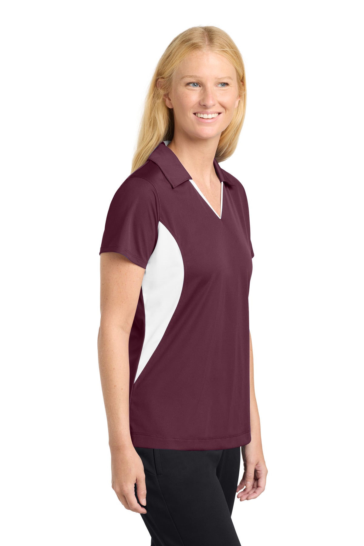 Maroon/White Sport-Tek Women's Side Blocked Micropique Sport-Wick Polo. LST655