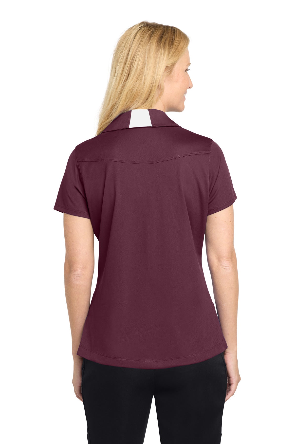 Maroon/White Sport-Tek Women's Side Blocked Micropique Sport-Wick Polo. LST655