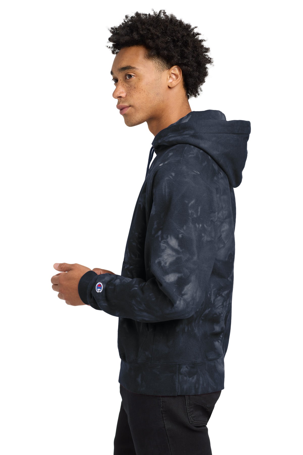 Navy Champion Reverse Weave Scrunch-Dye Tie-Dye Hooded Sweatshirt. TDS101