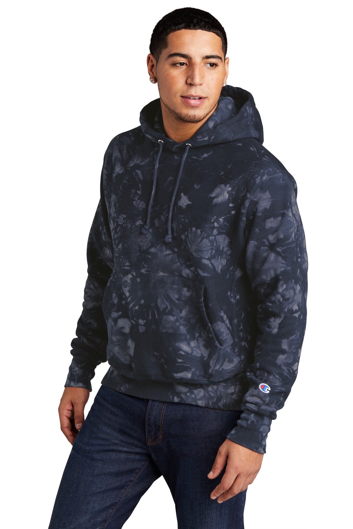 Navy Champion Reverse Weave Scrunch-Dye Tie-Dye Hooded Sweatshirt. TDS101
